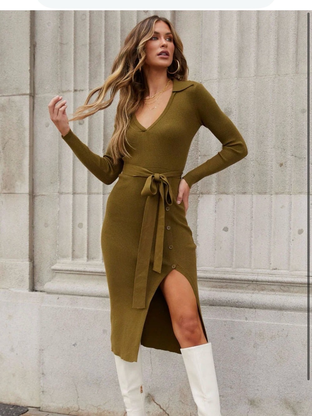 Olive Knit Tie-Waist Midi Sweater Dress with Collared V-Neck